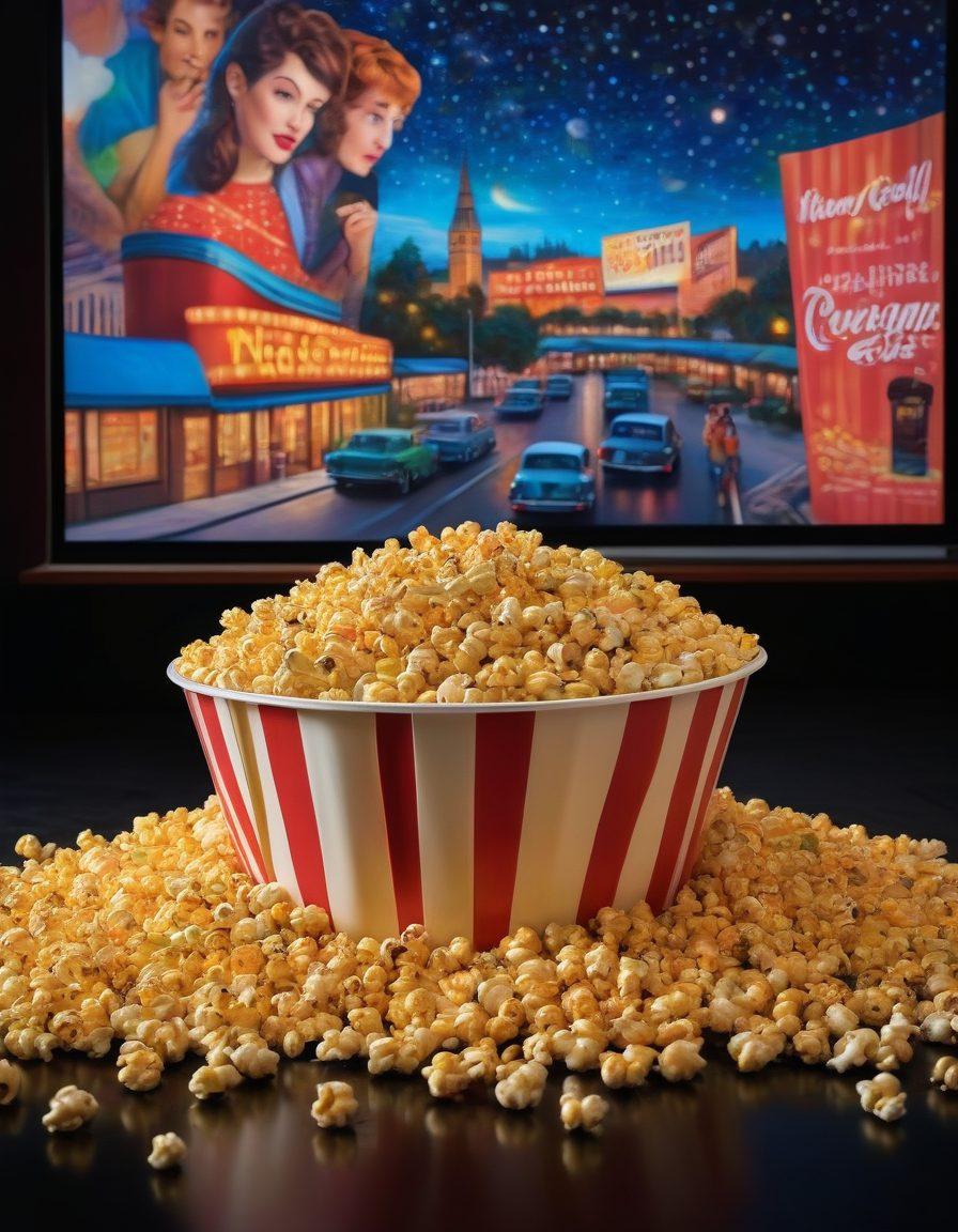 A collage featuring iconic scenes from classic complimentary movies, with film reels winding around the images, popcorn scattered in the foreground, and a large cinema screen displaying a blend of vibrant movie posters. The atmosphere is lively, showcasing diverse audiences enjoying films, with a starry night sky above hinting at magic of storytelling. super-realistic. vibrant colors. cinematic style.