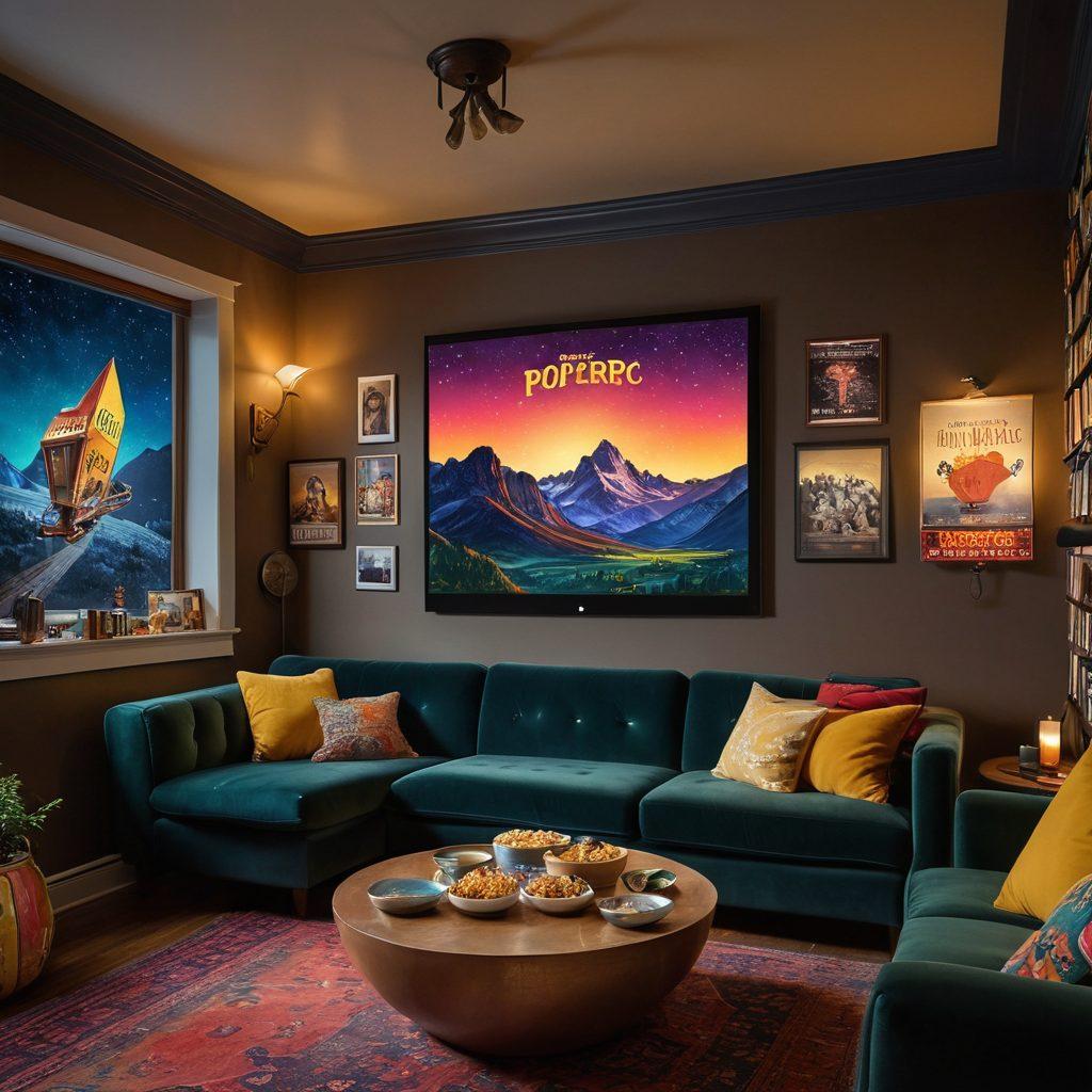 A vibrant, cinematic scene showcasing a large, vintage film projector casting colorful lights onto a wall adorned with iconic movie posters. In the foreground, a cozy couch with popcorn and drinks invites viewers to stream films, while digital screens display ratings and streaming services. A starry night sky visible through a window adds a touch of magic. super-realistic. vibrant colors. cinematic style.