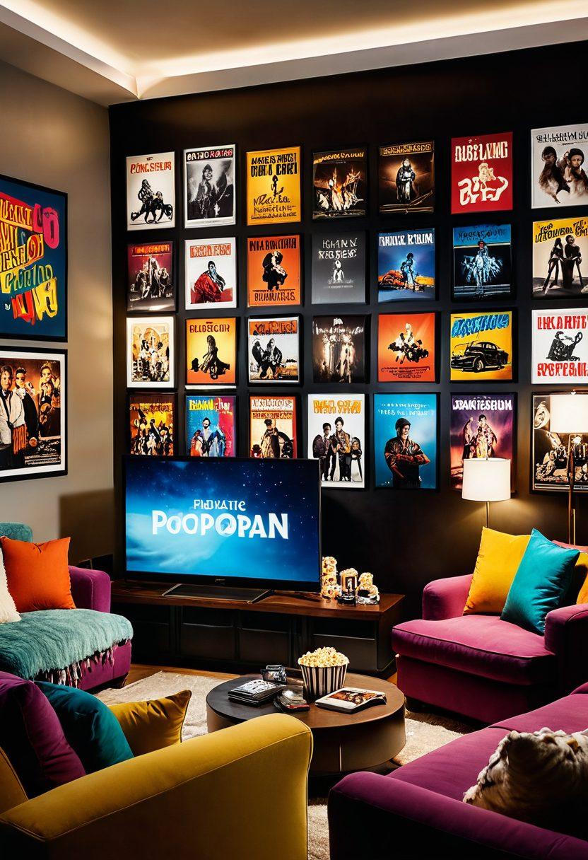 An inviting living room setting featuring a large screen displaying a vibrant film scene. Surrounding the screen are cozy couches laden with colorful throw pillows, popcorn bowls, and streaming devices. Wall art consists of iconic movie posters, while soft lighting creates a warm ambiance. There should be hints of classic cinema elements like a vintage film reel and a director's chair. super-realistic. warm colors. cozy atmosphere.